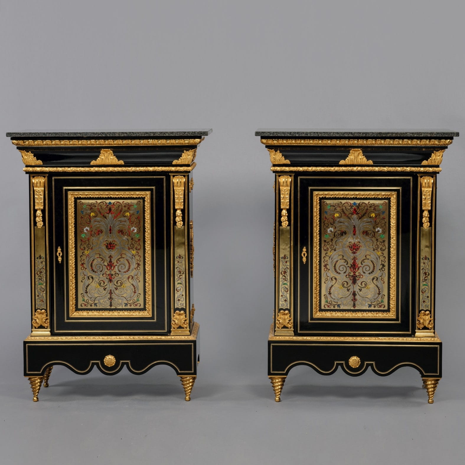 A Fine Pair of Napoleon III Gilt-Bronze, Cut-Brass and Boulle Marquetry Cabinets