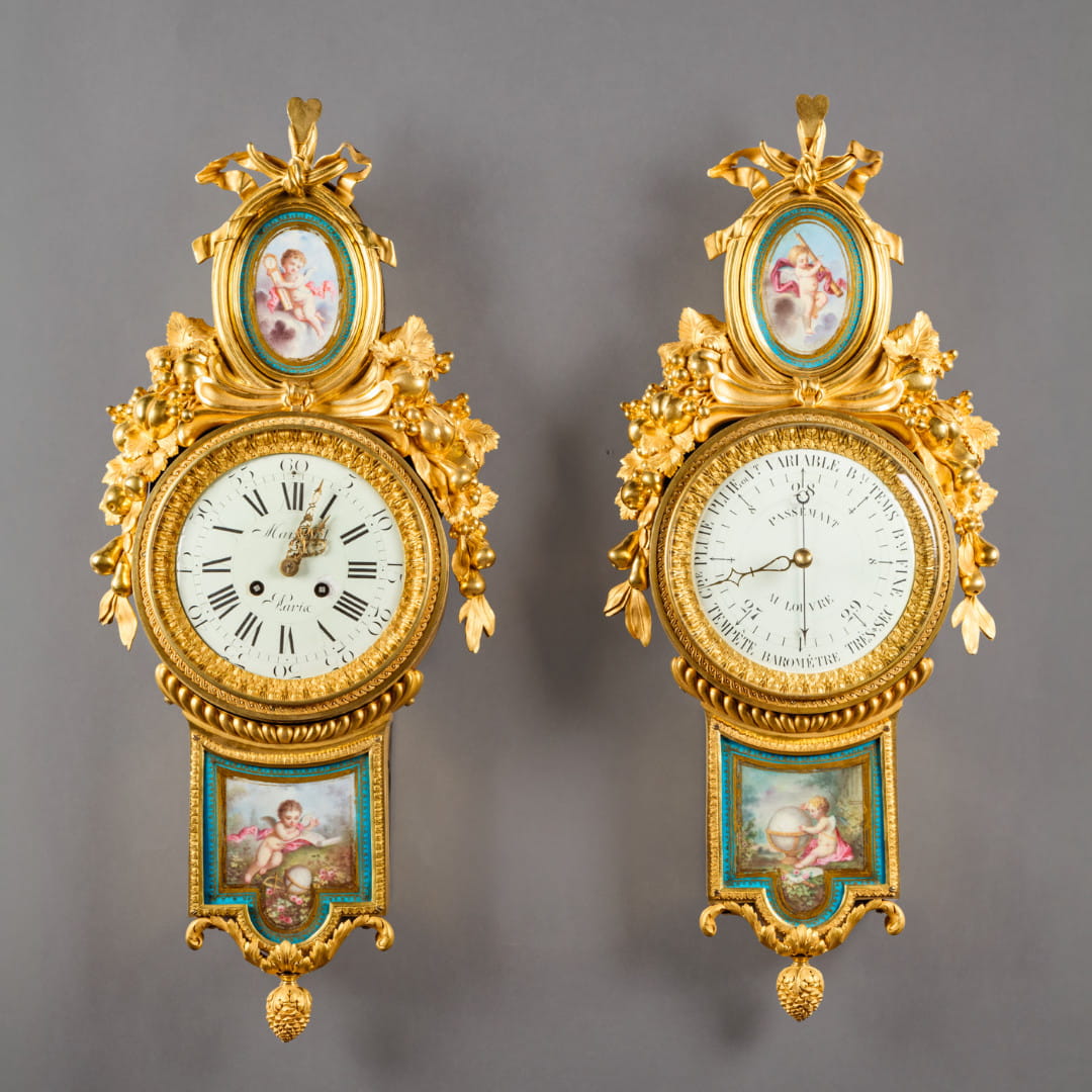 Fine Louis XVI Style Sèvres Porcelain Mounted Cartel Clock and Barometer