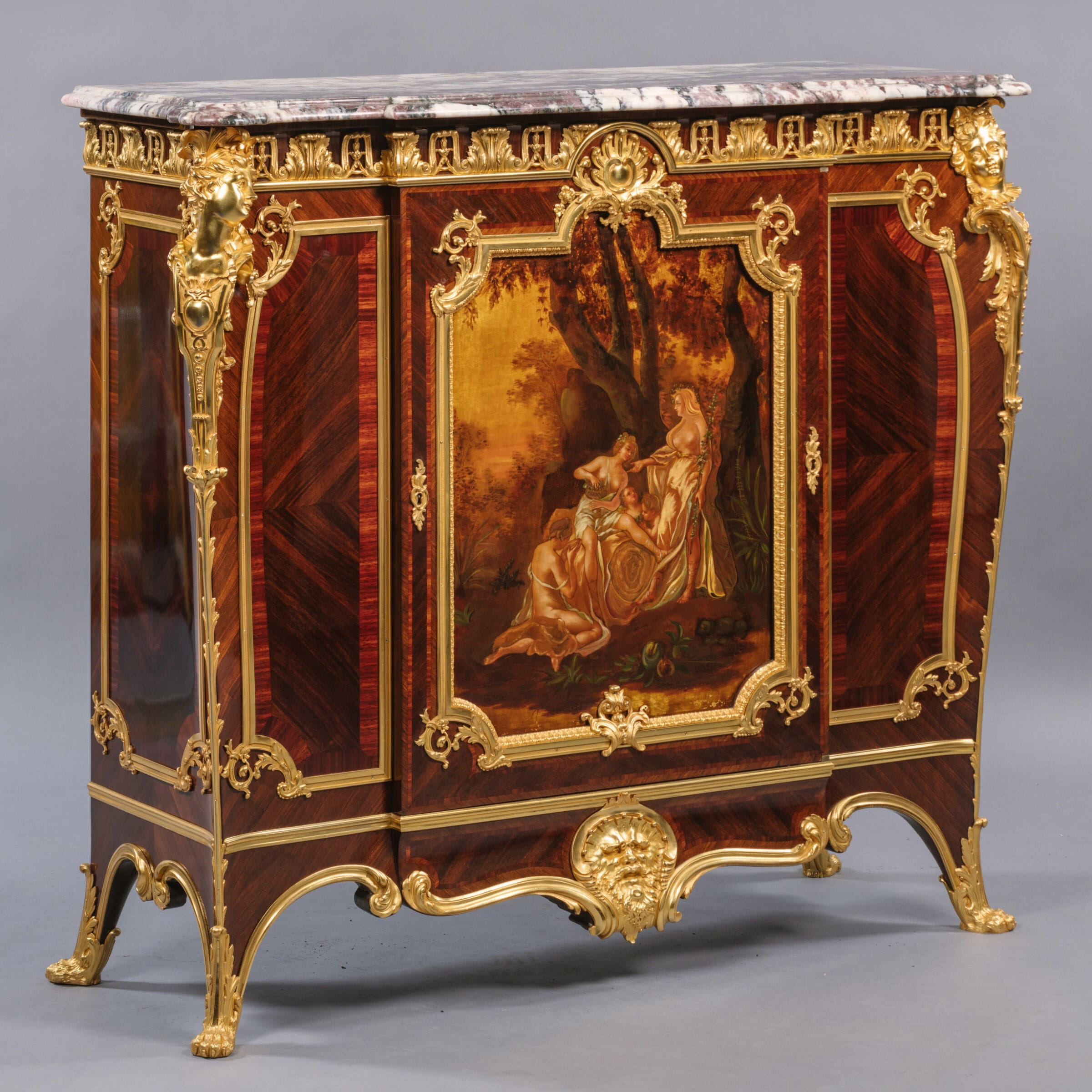 A Fine Vernis Martin Gilt-Bronze Mounted Side Cabinet with A Marble Top