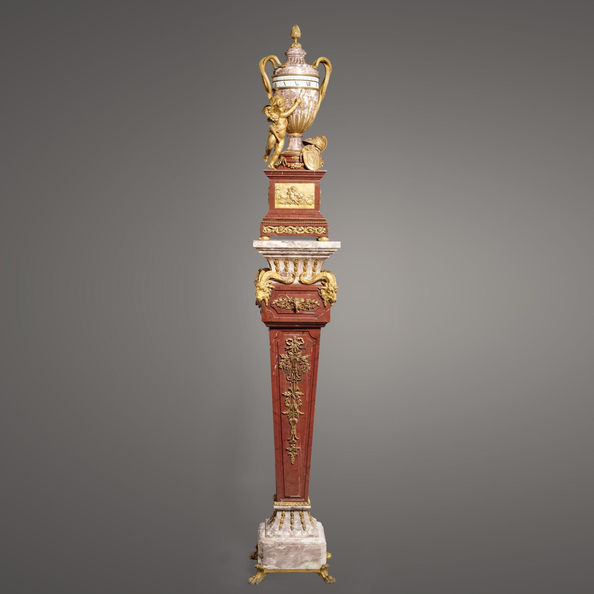 A Rare Louis XVI Style Gilt-Bronze Mounted Marble Annular Dial Pedestal Clock In The Manner of Jean-André and Jean-Baptiste Lepaute