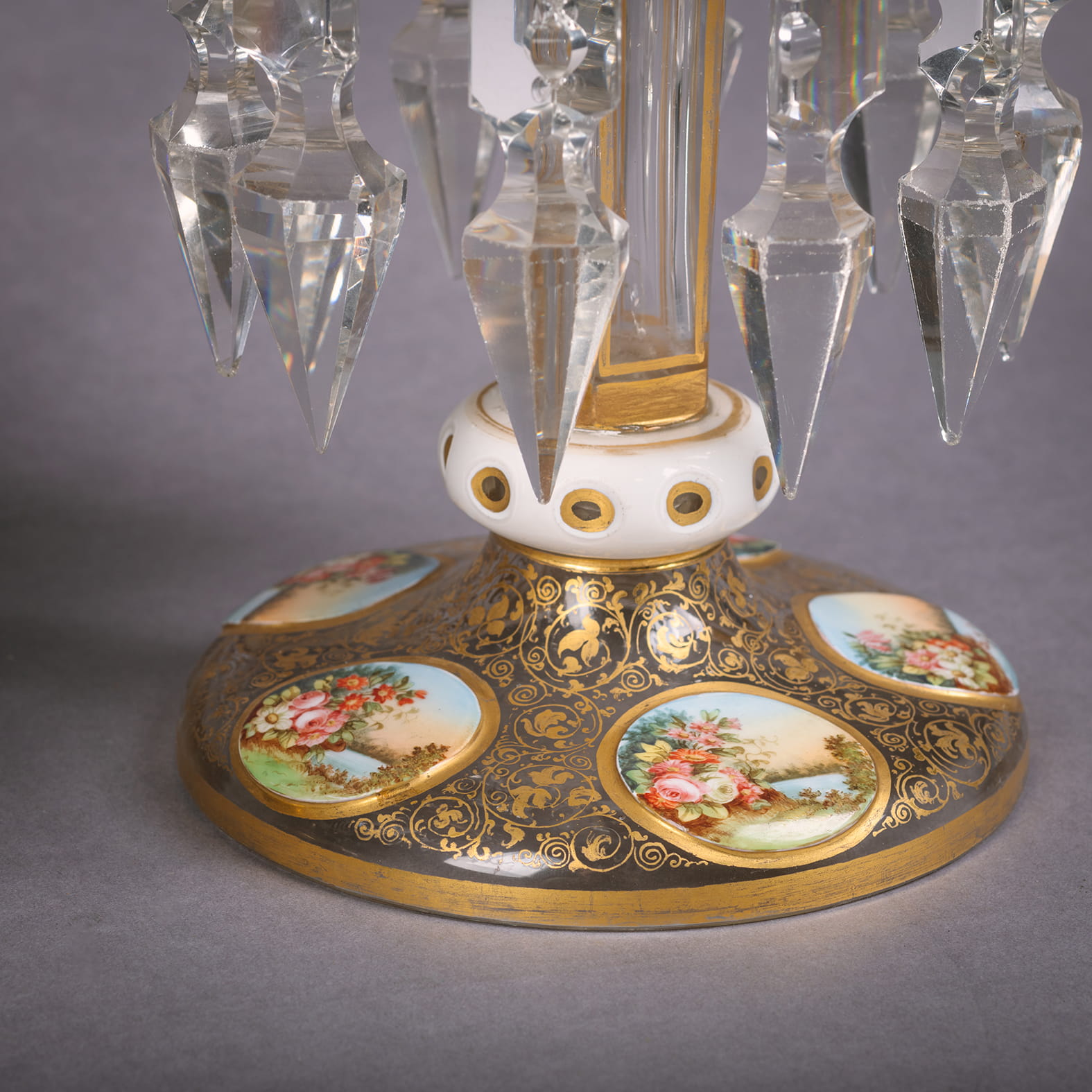A Very Fine Pair of White Overlay Glass Lustres With Finely Painted Reserves - Image 4