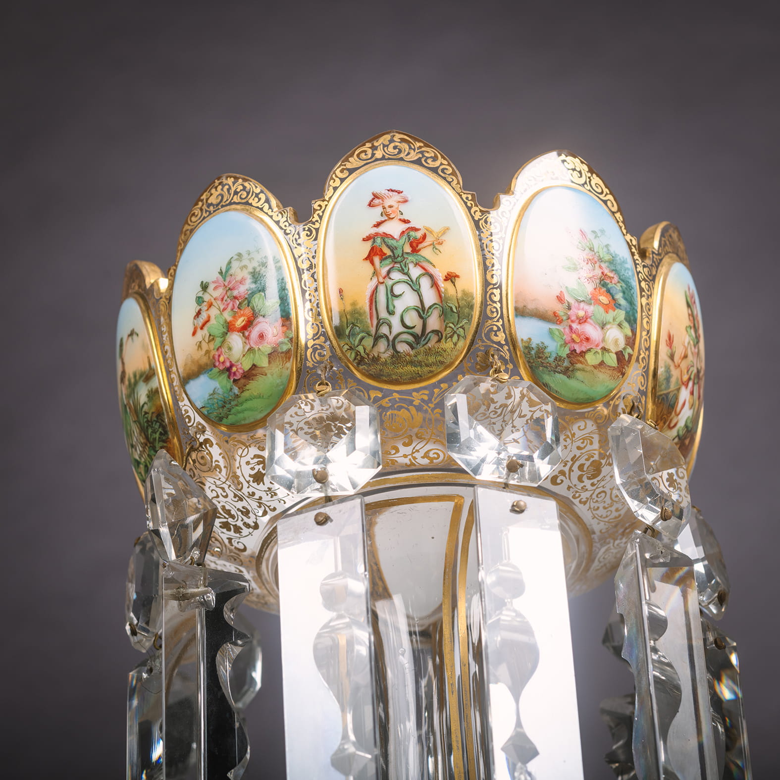 A Very Fine Pair of White Overlay Glass Lustres With Finely Painted Reserves - Image 2