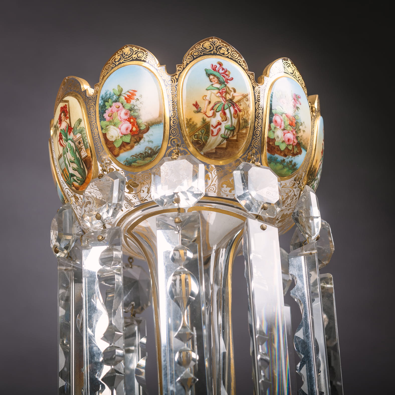 A Very Fine Pair of White Overlay Glass Lustres With Finely Painted Reserves - Image 3