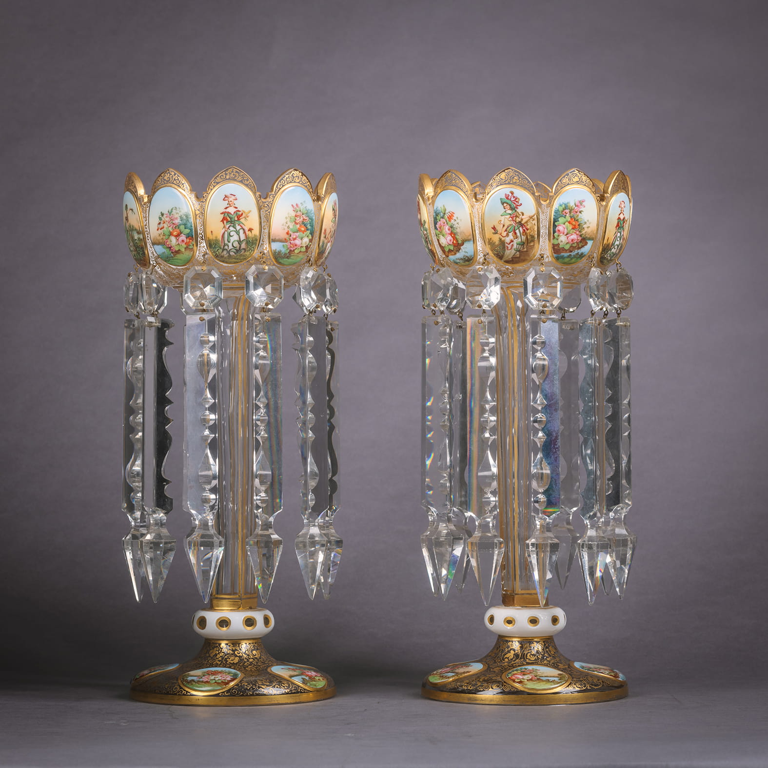 A Very Fine Pair of White Overlay Glass Lustres With Finely Painted Reserves