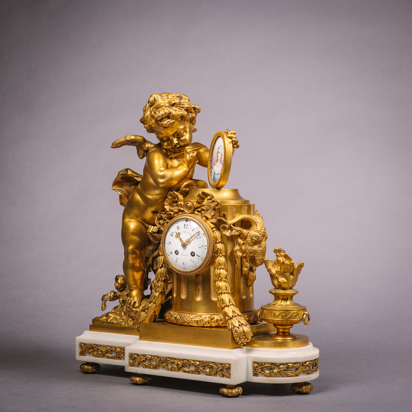 A Louis XVI Style Gilt-Bronze and Sèvres Style Porcelain Mounted Figural Clock, Allegorical of the Arts - Image 2
