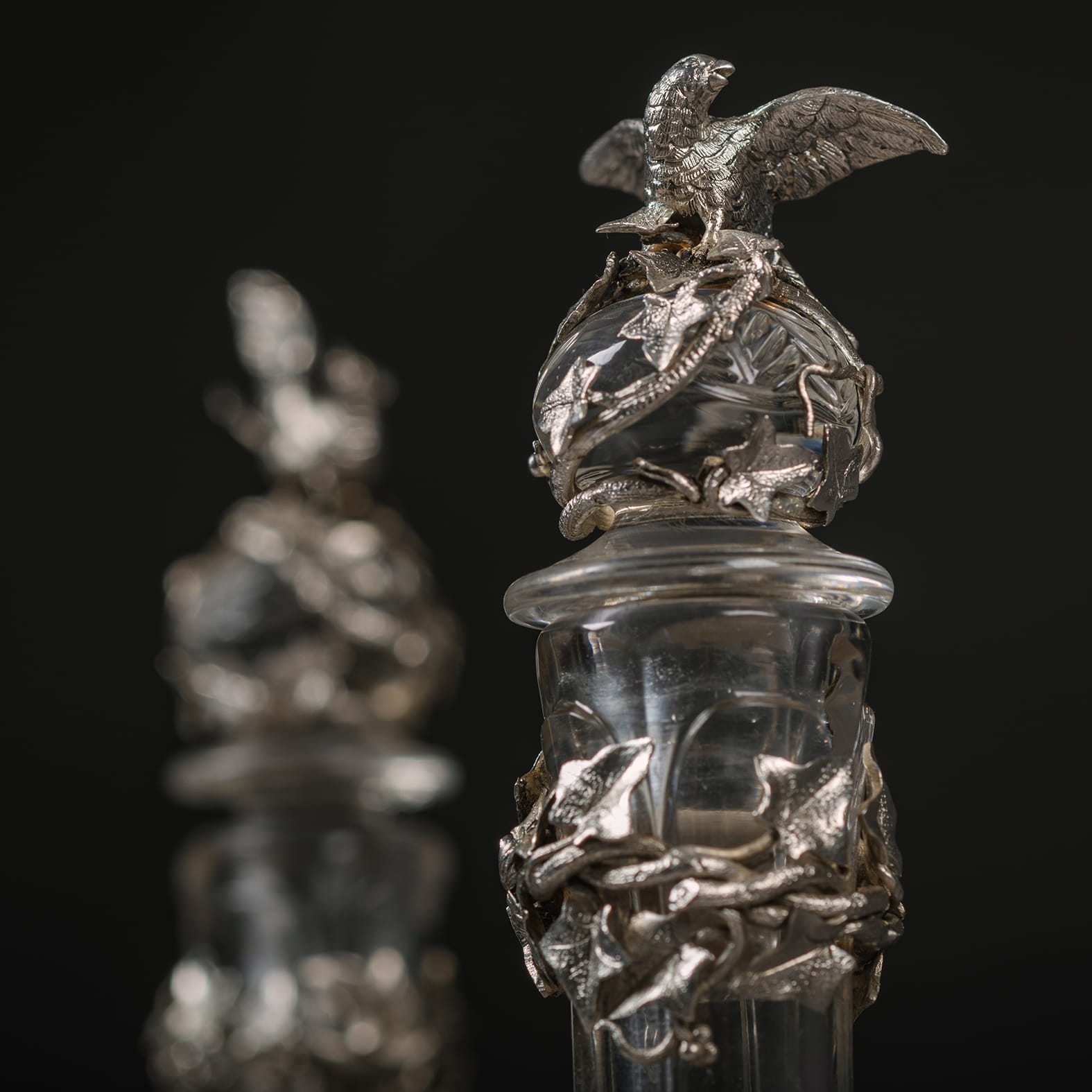 A Pair of ‘Japonaise’ Style Silver Plated and Engraved Glass Decanters - Image 5