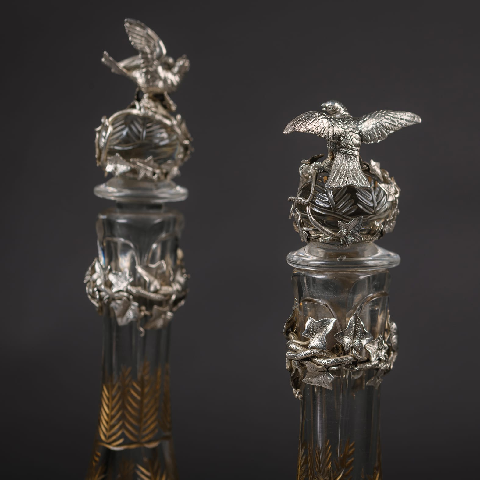 A Pair of ‘Japonaise’ Style Silver Plated and Engraved Glass Decanters - Image 2