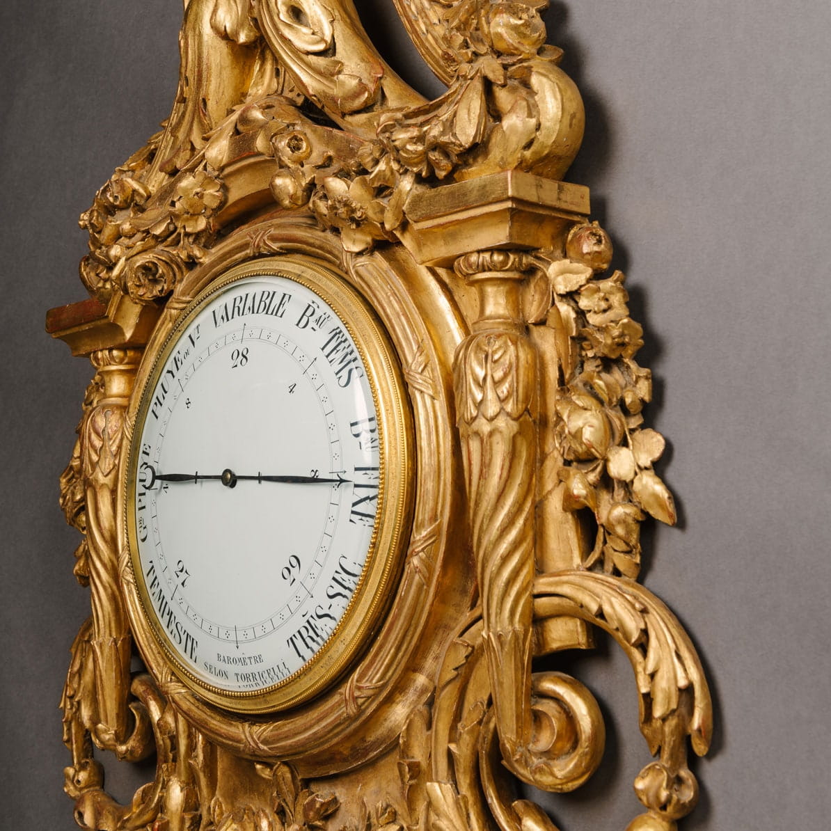 A Large Louis XVI Style Carved Giltwood Clock and Barometer Set - Image 8