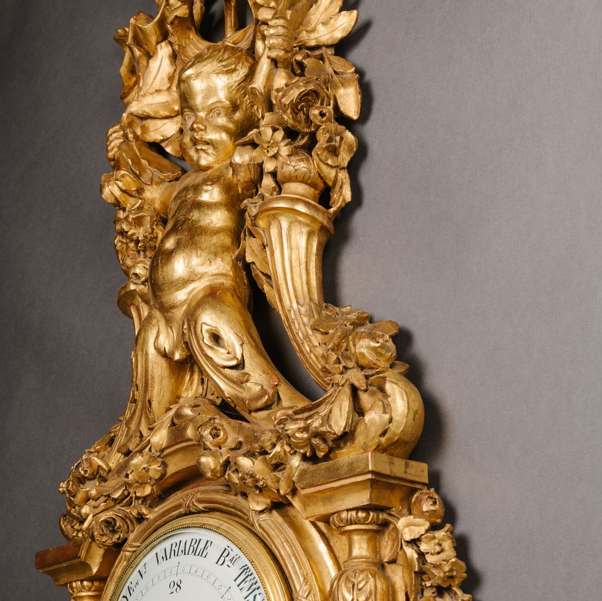 A Large Louis XVI Style Carved Giltwood Clock and Barometer Set - Image 12