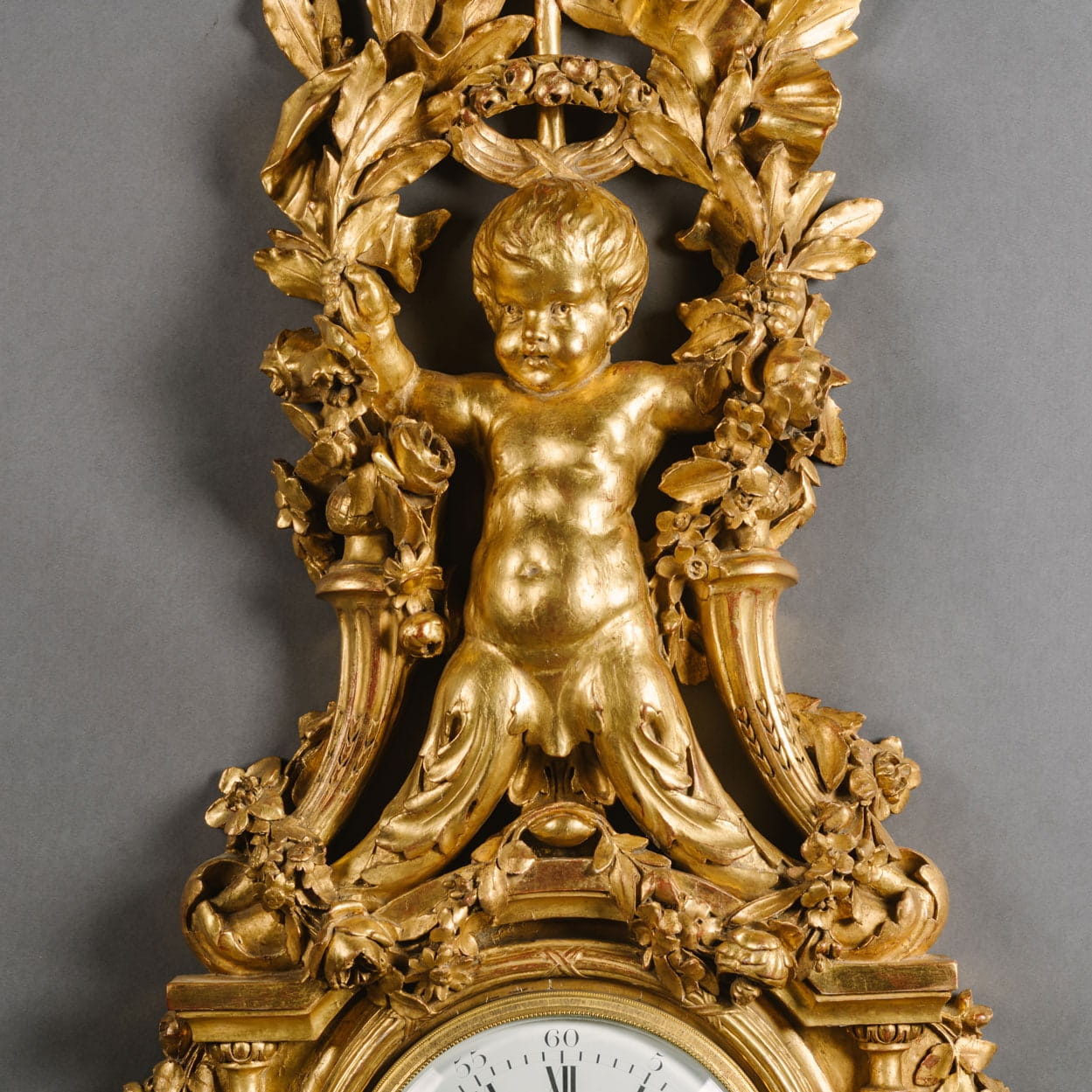 A Large Louis XVI Style Carved Giltwood Clock and Barometer Set - Image 4