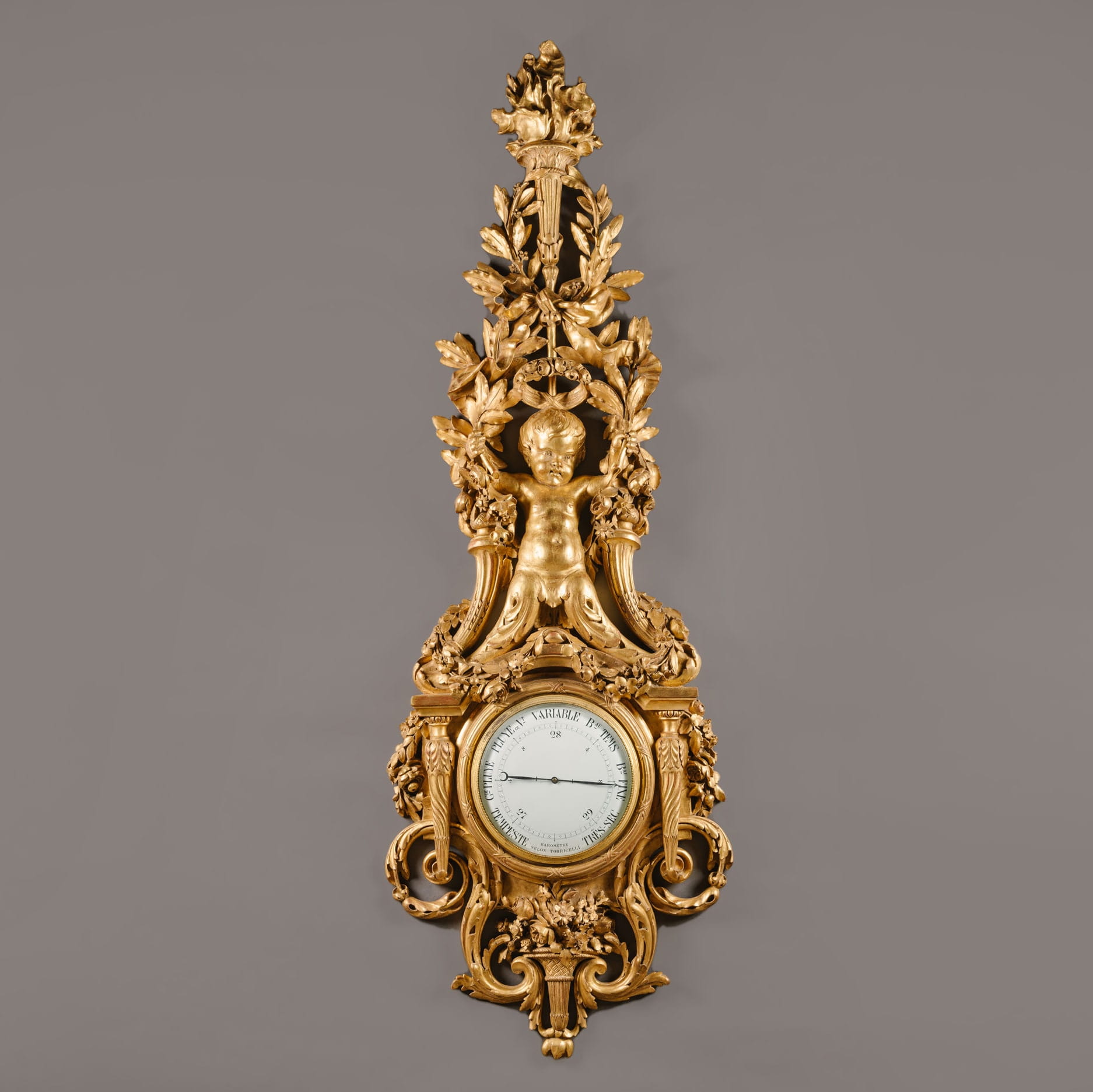 A Large Louis XVI Style Carved Giltwood Clock and Barometer Set - Image 3