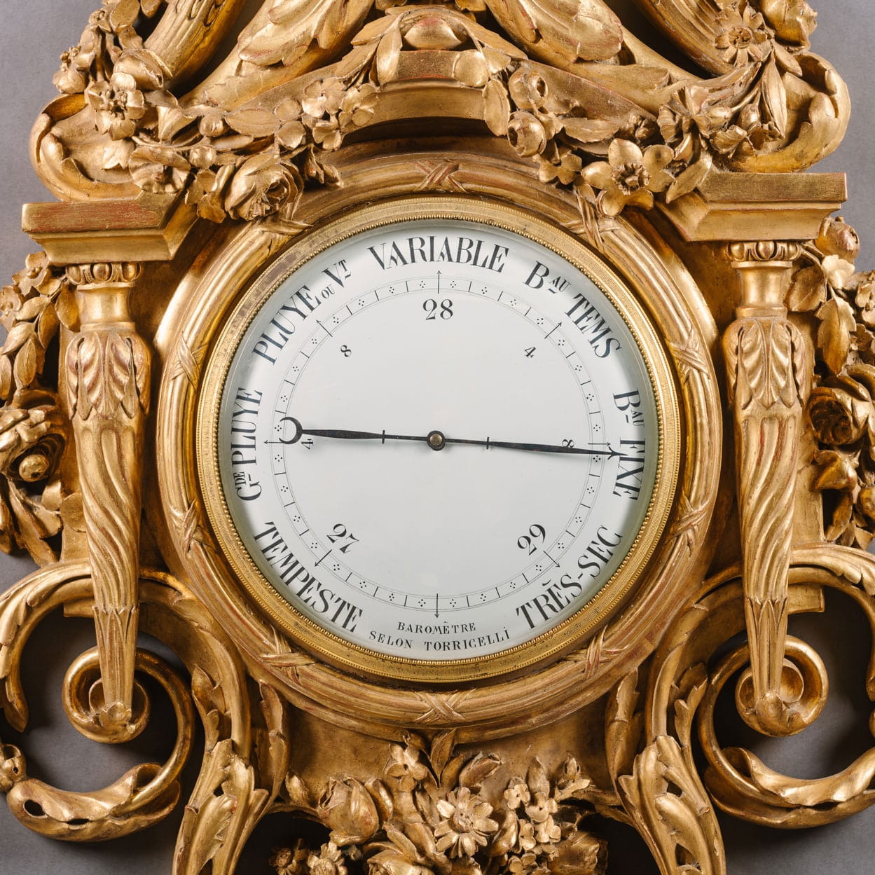 A Large Louis XVI Style Carved Giltwood Clock and Barometer Set - Image 7