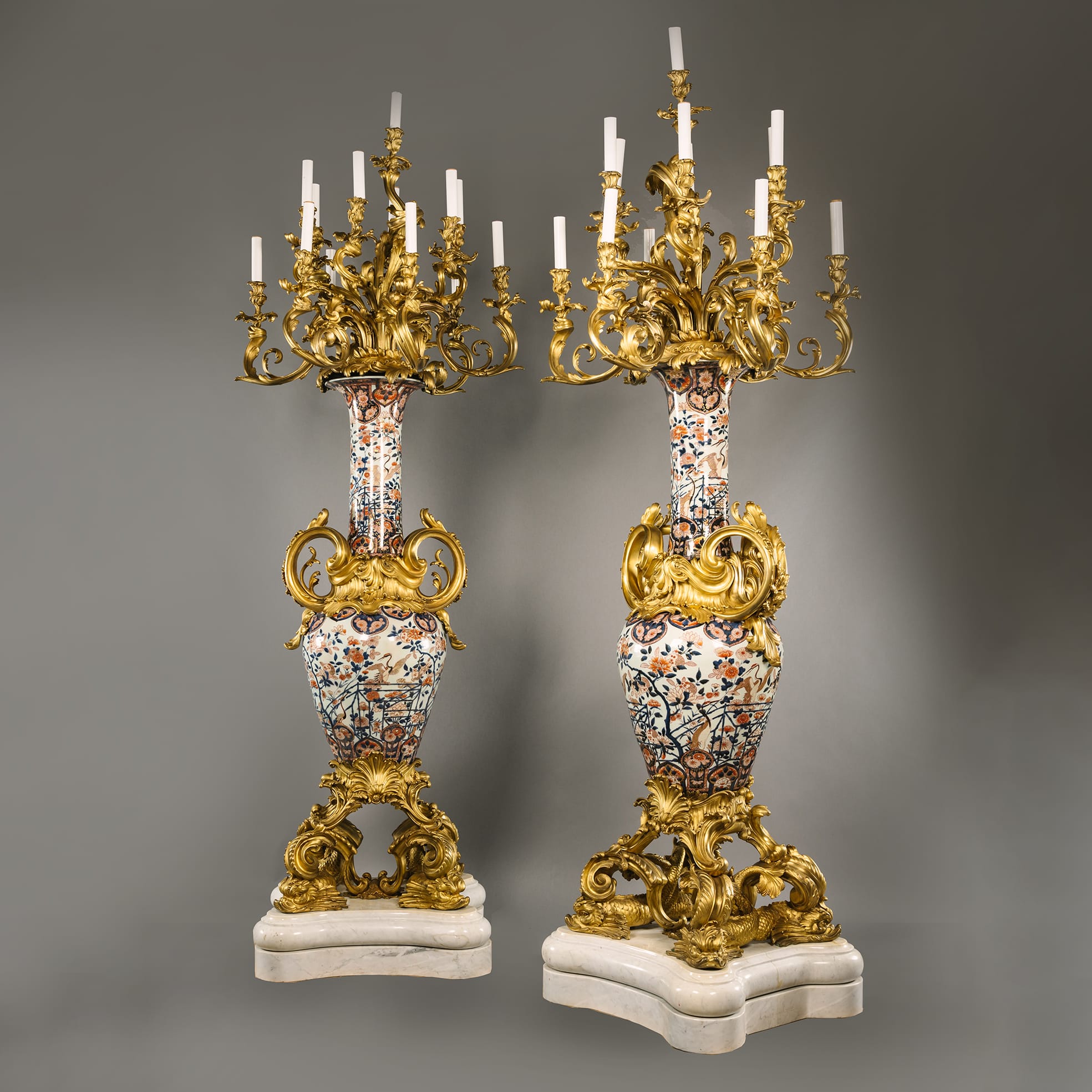 A Pair of Monumental Napoleon III Imari Porcelain Torchère Candelabra - Image 14