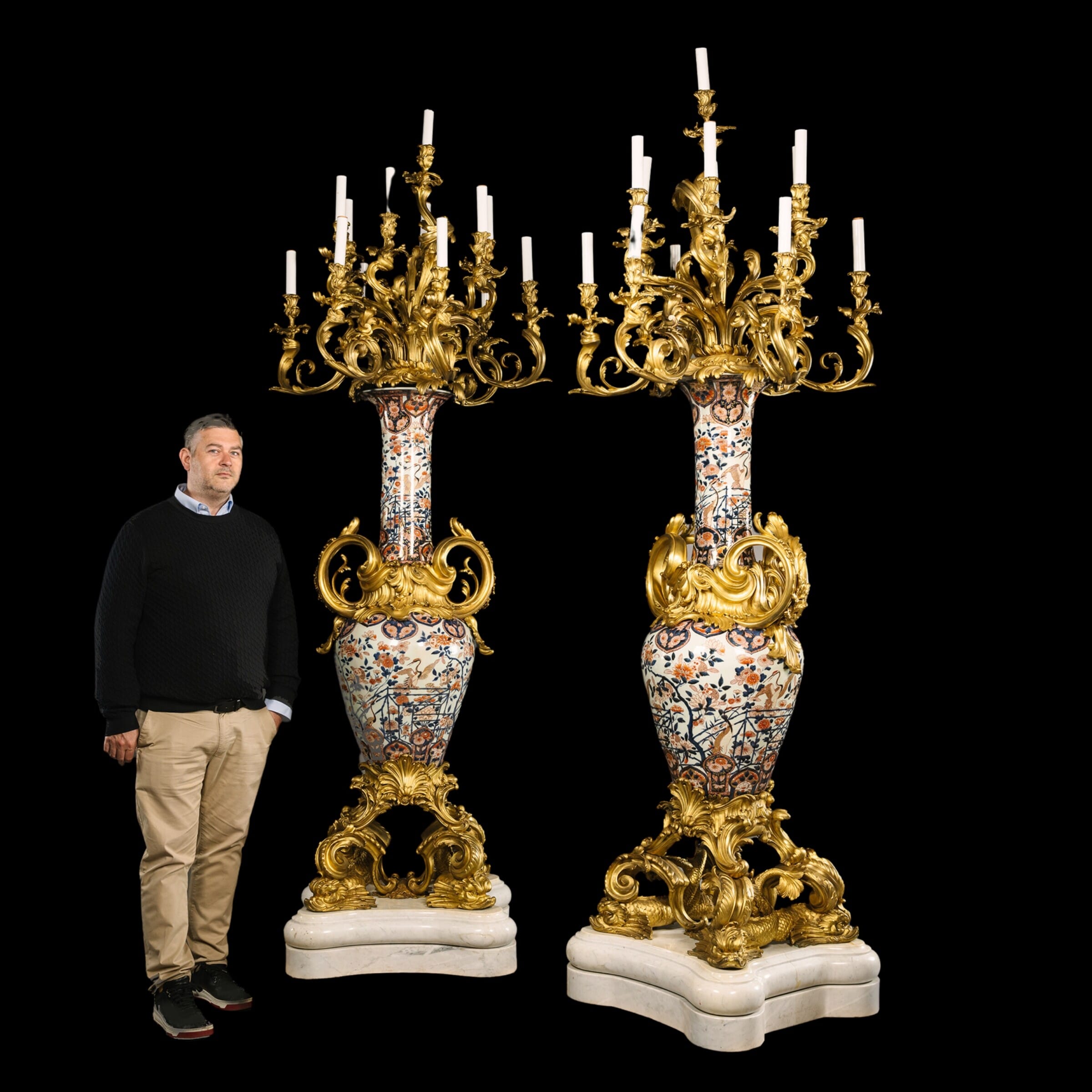 A Pair of Monumental Napoleon III Imari Porcelain Torchère Candelabra - Image 3