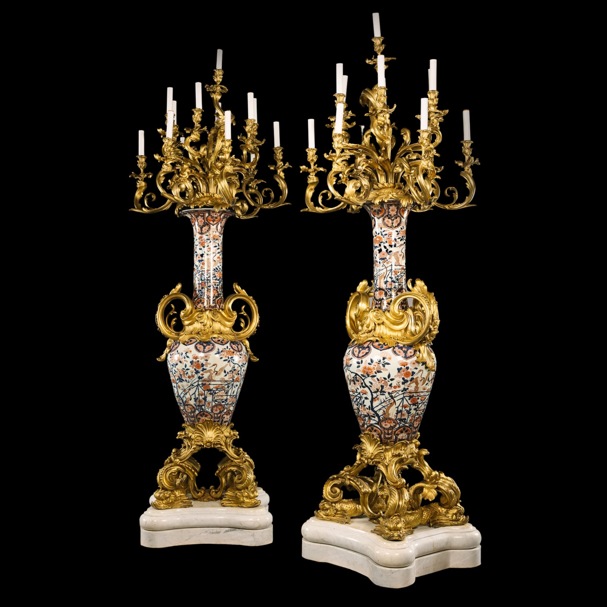 A Pair of Monumental Napoleon III Imari Porcelain Torchère Candelabra - Image 2
