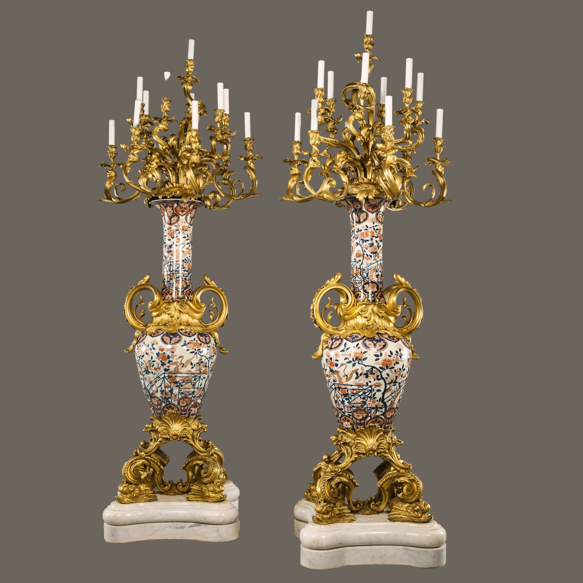 A Pair of Monumental Napoleon III Imari Porcelain Torchère Candelabra - Image 15