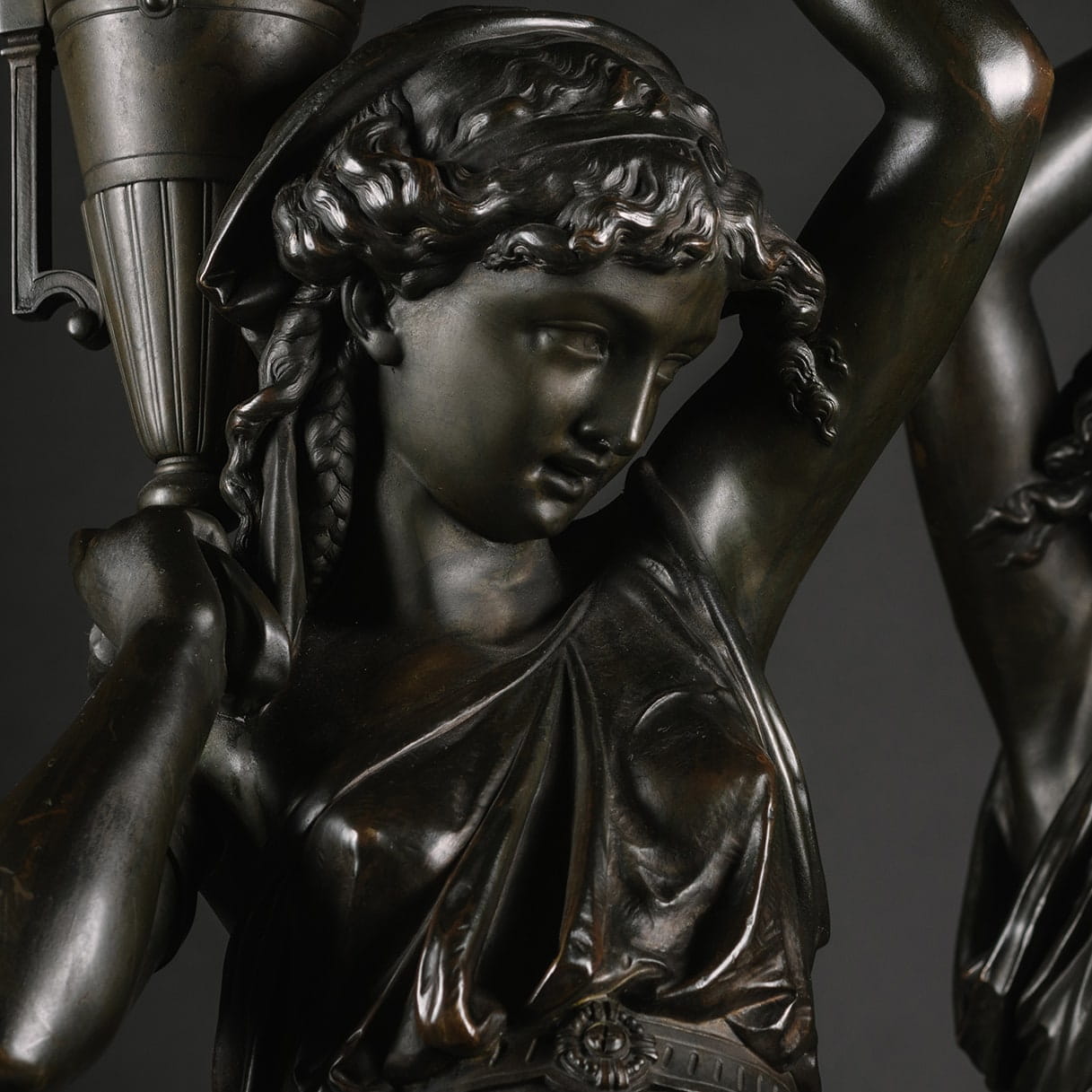 A Pair Of Napoleon III Patinated-Bronze Figures, Modelled As Classically Robed Maidens Bearing Urns - Image 4