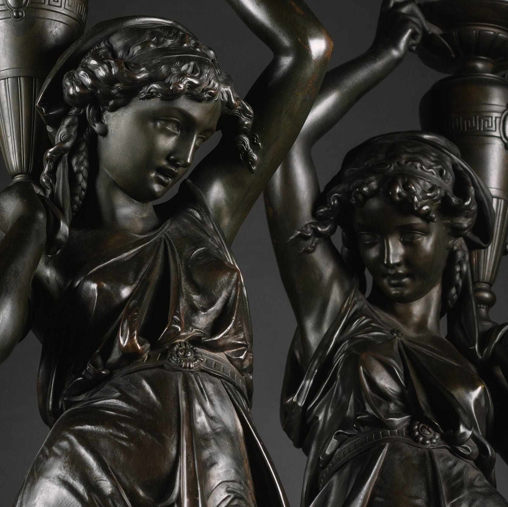 A Pair Of Napoleon III Patinated-Bronze Figures, Modelled As Classically Robed Maidens Bearing Urns - Image 2