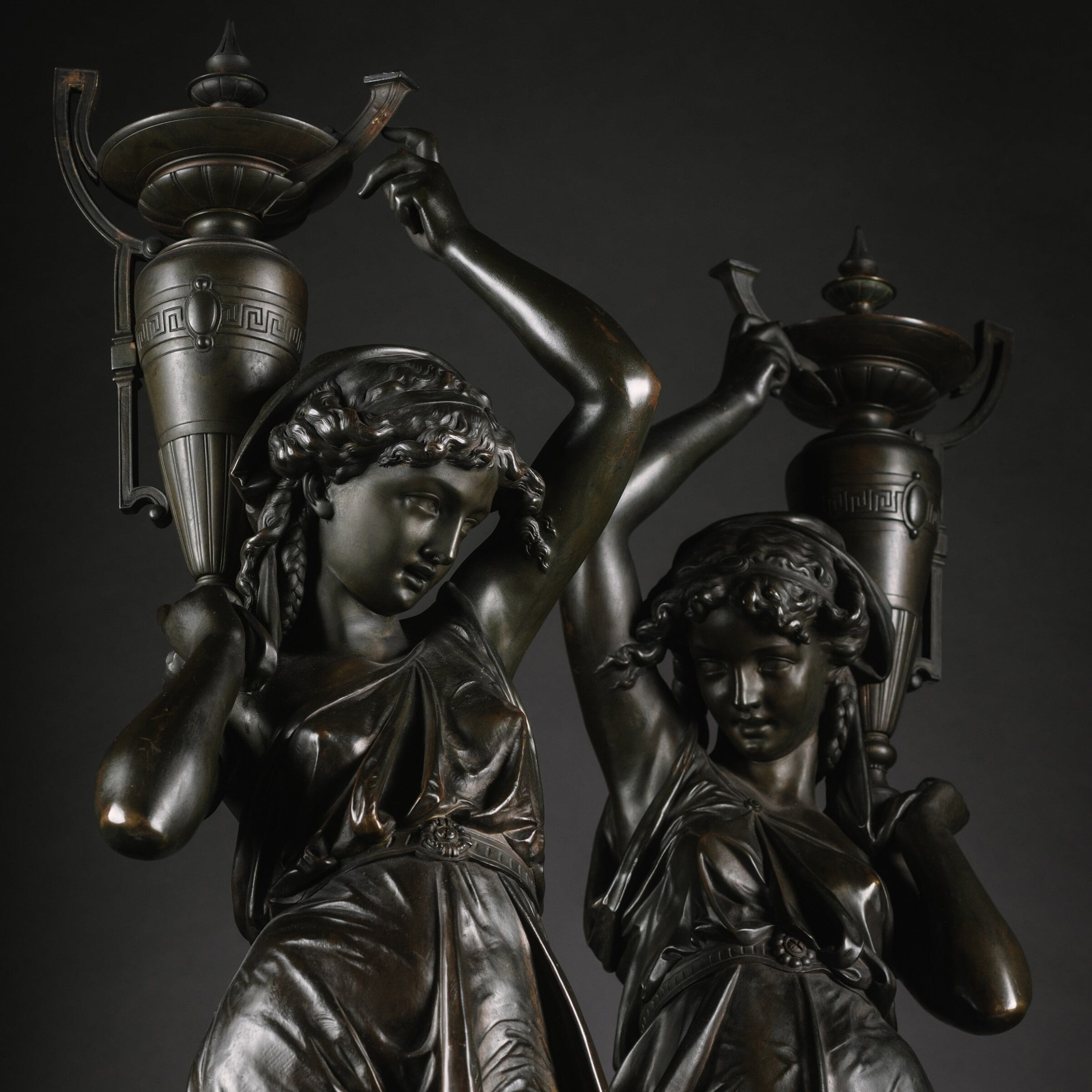 A Pair Of Napoleon III Patinated-Bronze Figures, Modelled As Classically Robed Maidens Bearing Urns - Image 5