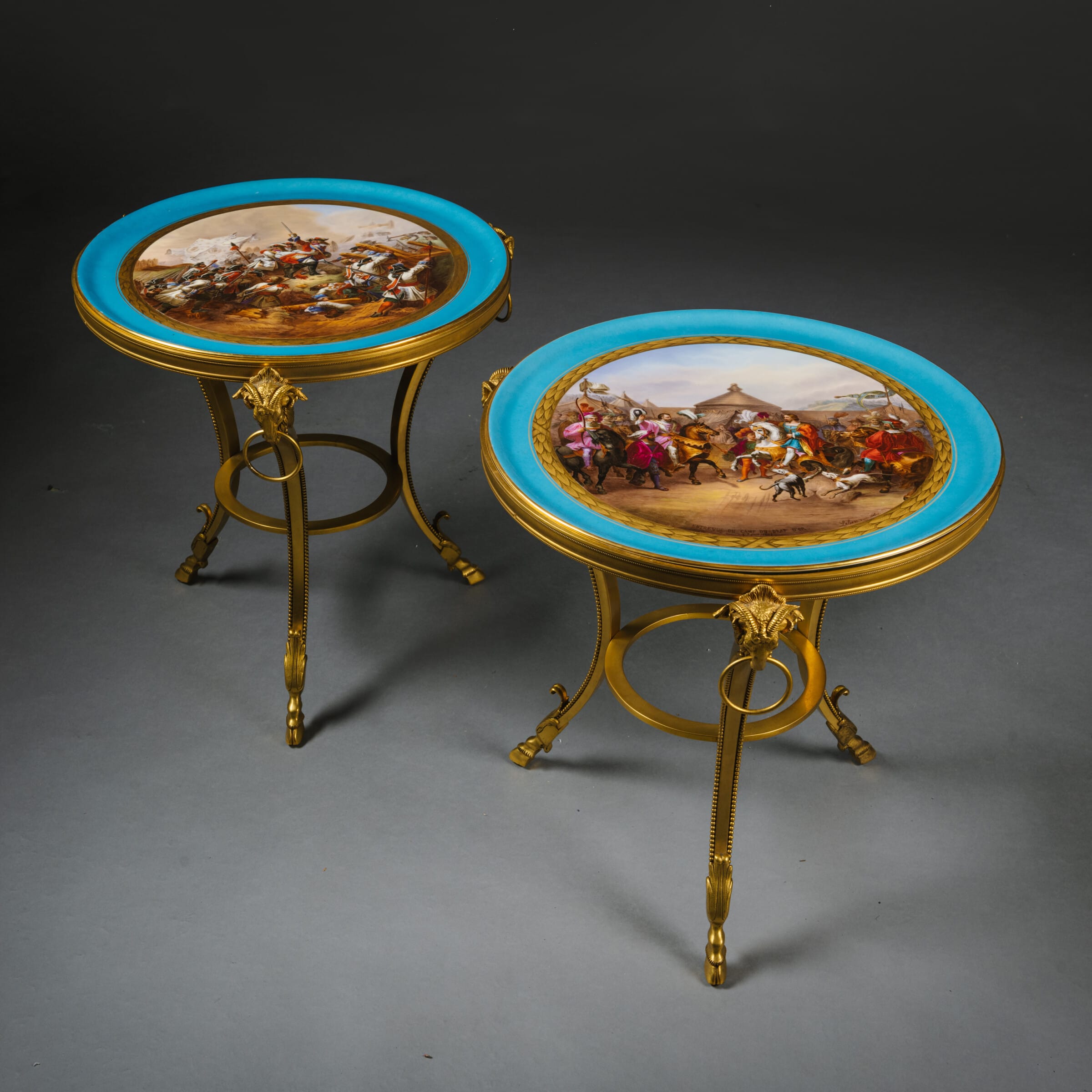 An Unusual Pair of Louis XVI Style Gilt-Bronze Low Side Tables With Sèvres-Style Porcelain Tops - Image 2