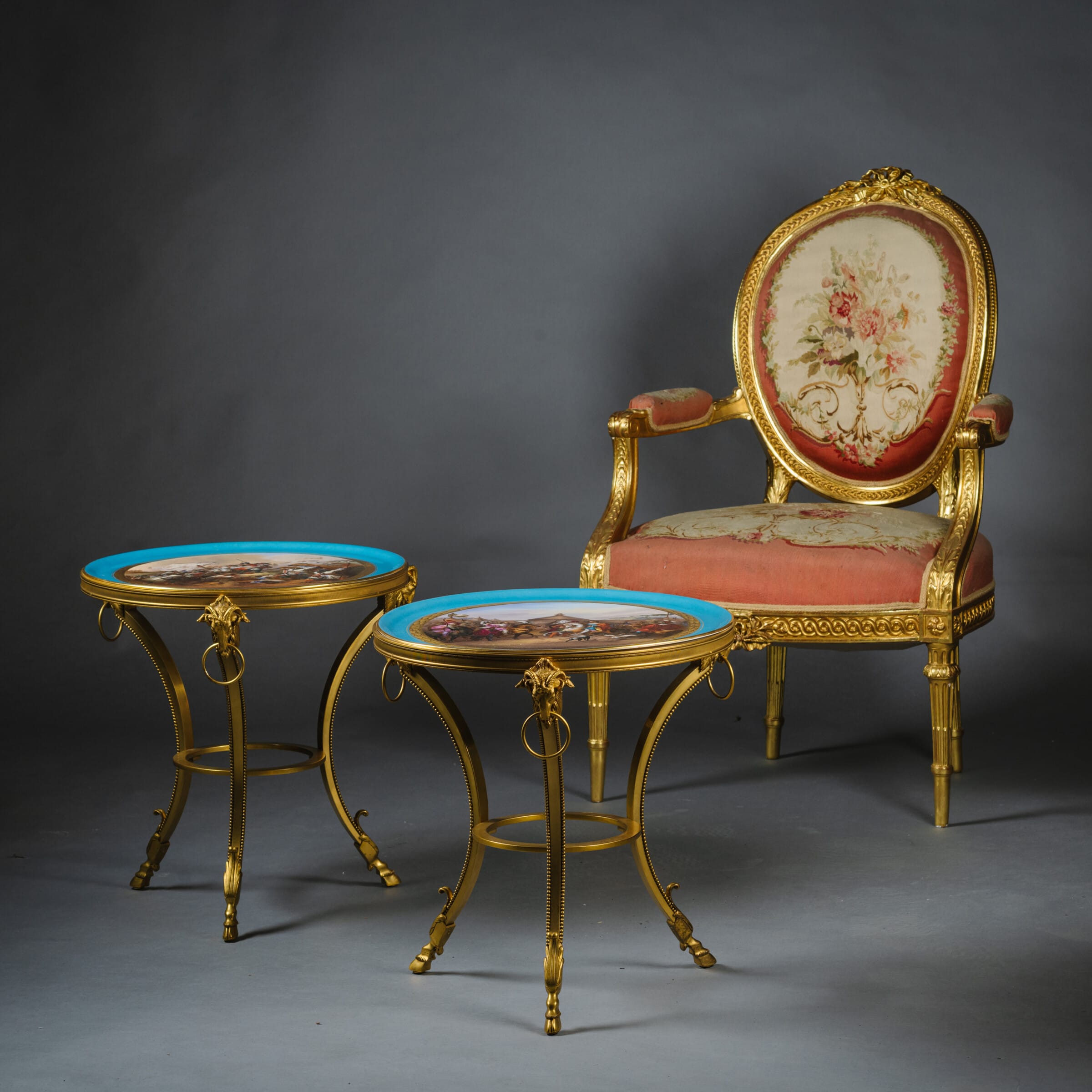 An Unusual Pair of Louis XVI Style Gilt-Bronze Low Side Tables With Sèvres-Style Porcelain Tops - Image 3