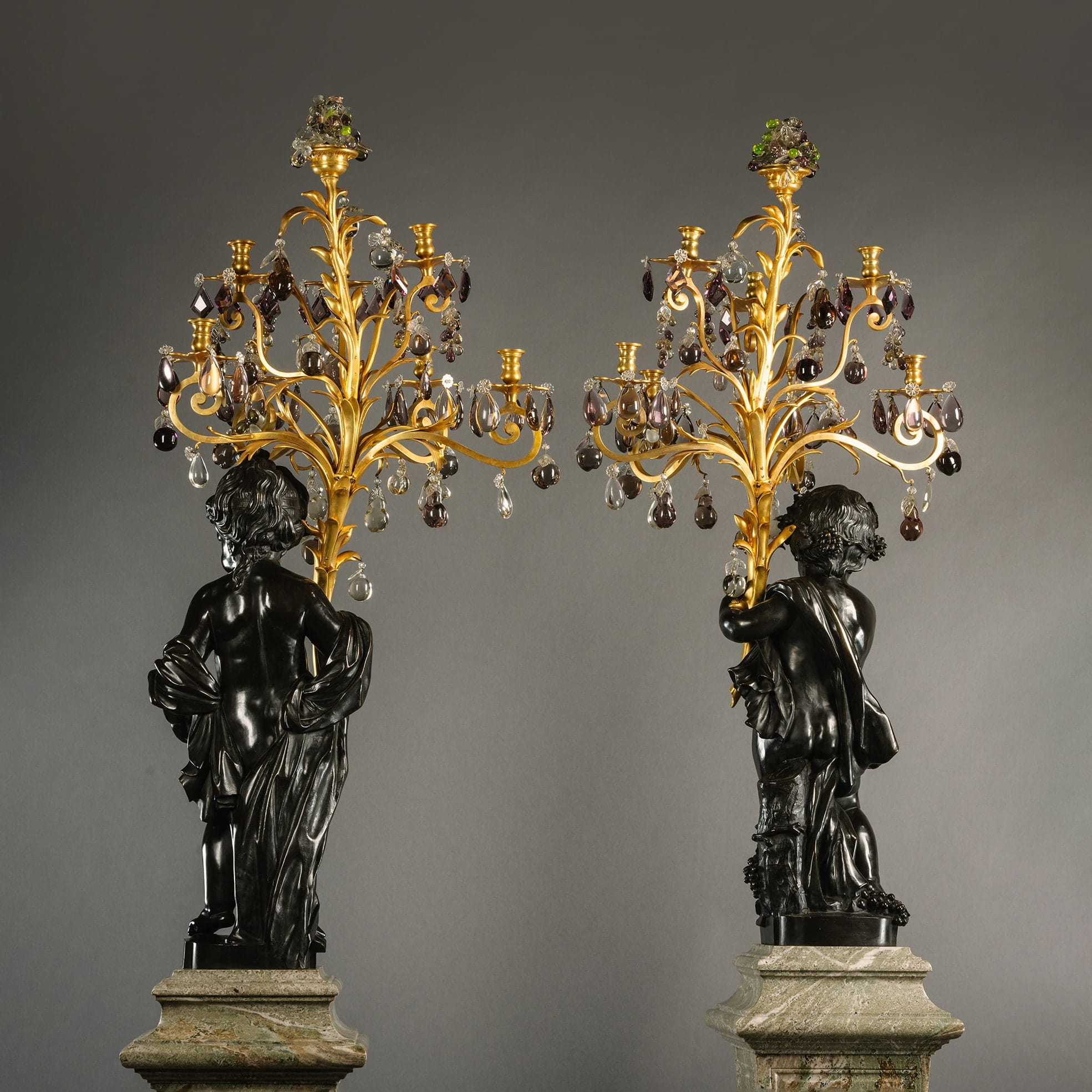 A Pair of Palatial Patinated Bronze Figural Candelabra, On Green Marble Pedestals - Image 4