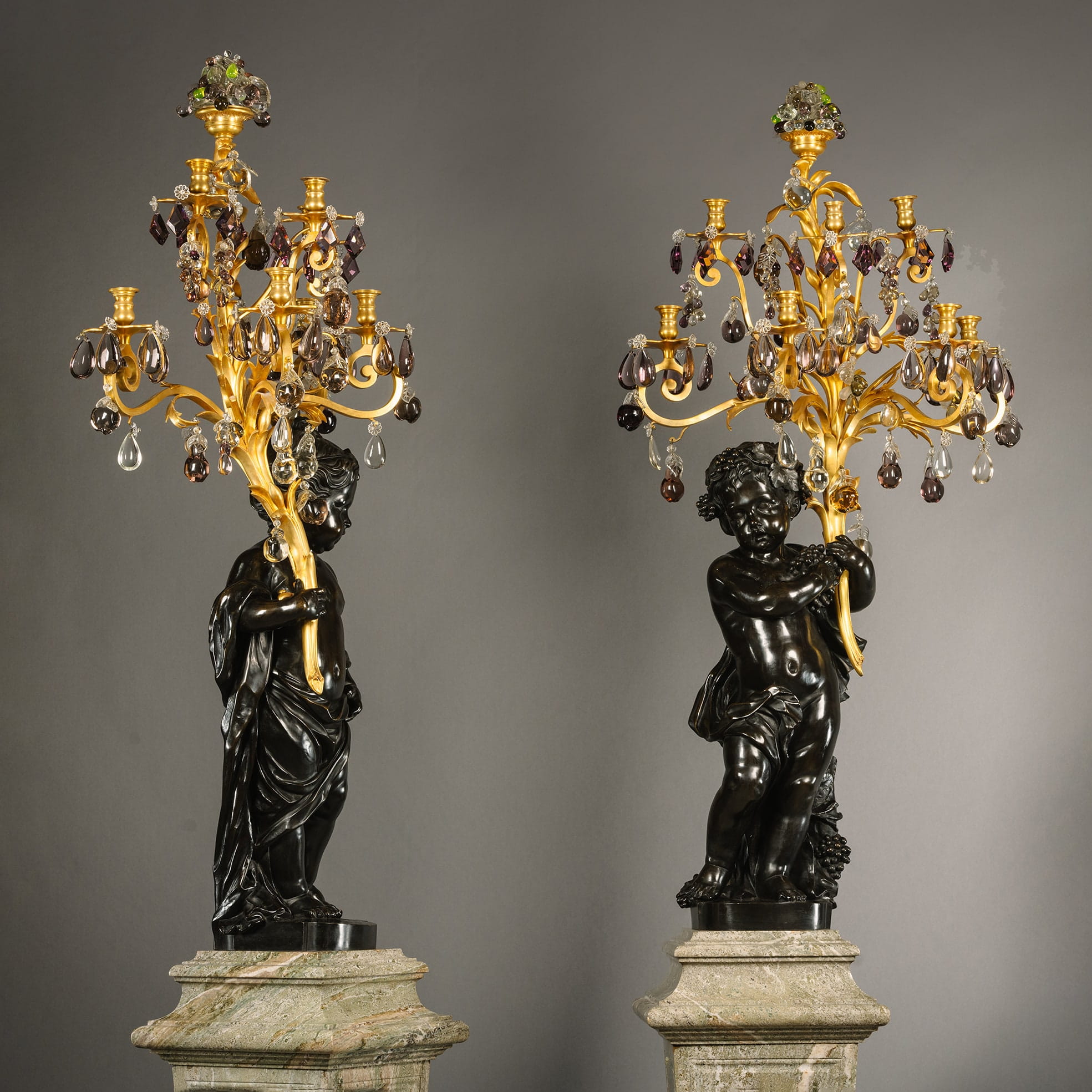 A Pair of Palatial Patinated Bronze Figural Candelabra, On Green Marble Pedestals - Image 3