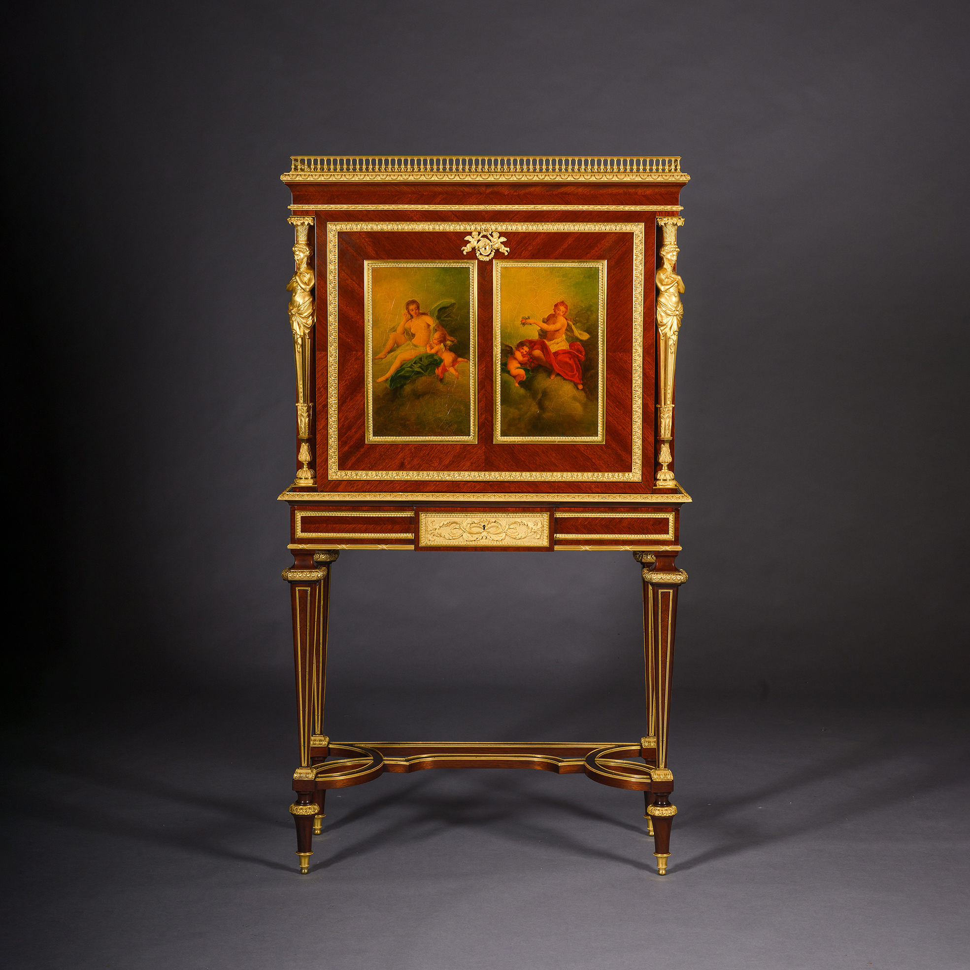 French Napoleon III mahogany secrétaire cabinet with Vernis Martin panels, gilt-bronze mounts and balustrade gallery by Frédéric Roux.