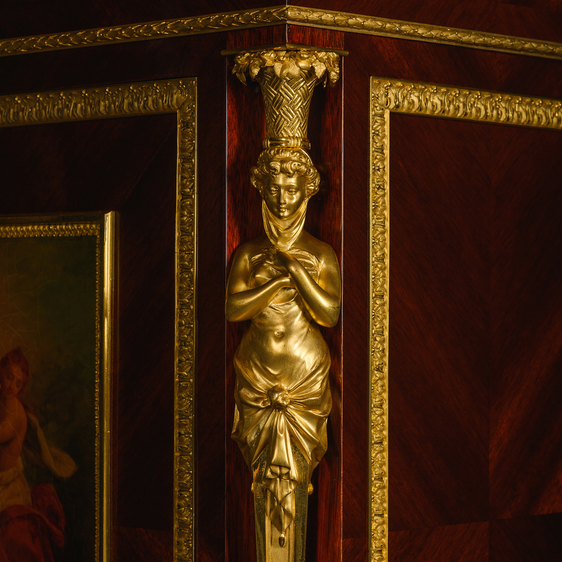 Louis XVI style gilt-bronze caryatid corner mount inspired by Adam Weisweiler on the Frédéric Roux secrétaire.