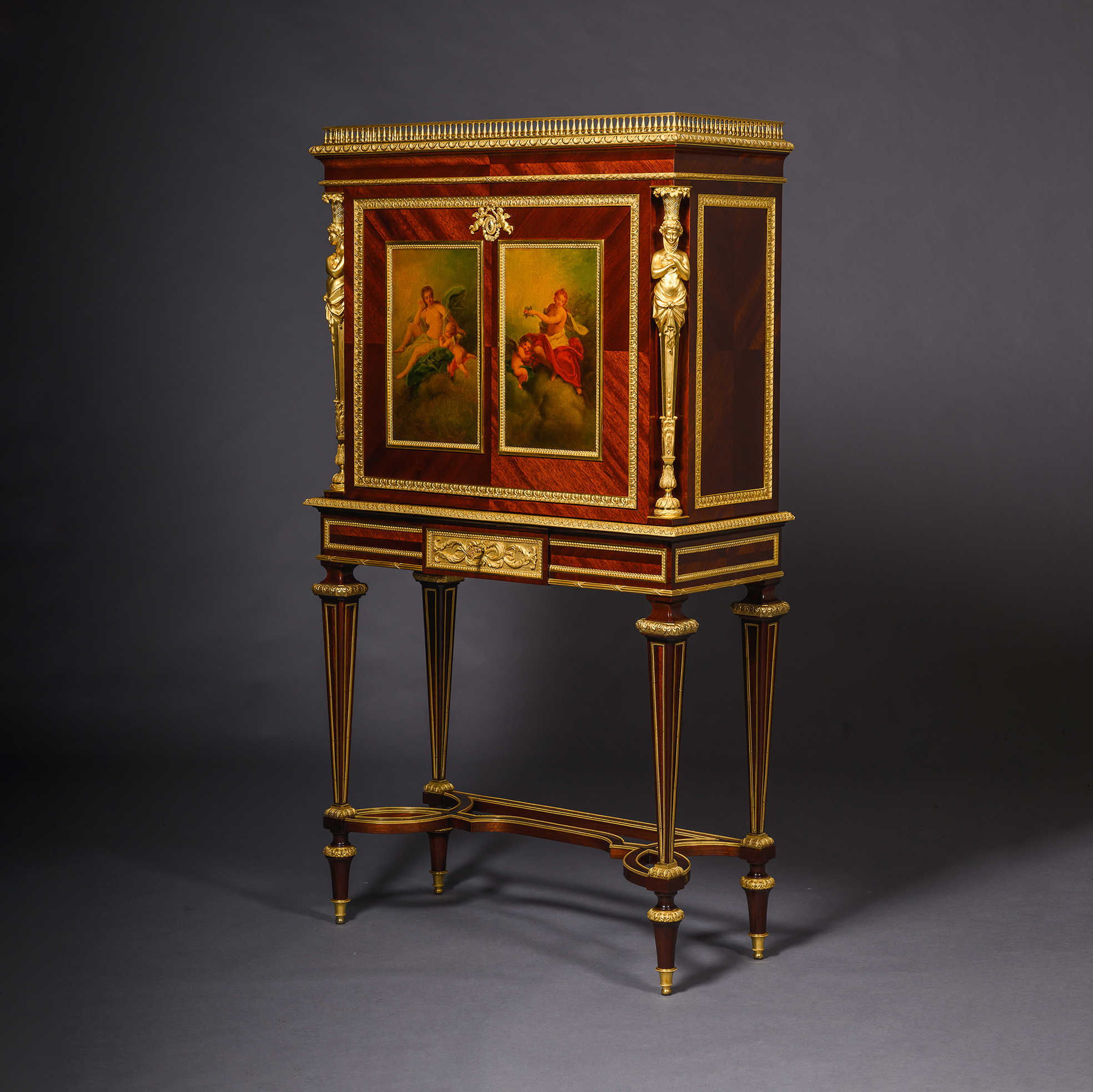 Louis XVI style gilt-bronze and Vernis Martin mounted mahogany secrétaire cabinet-on-stand by Frédéric Roux with bronze mounts by Henri Picard, France, circa 1870.