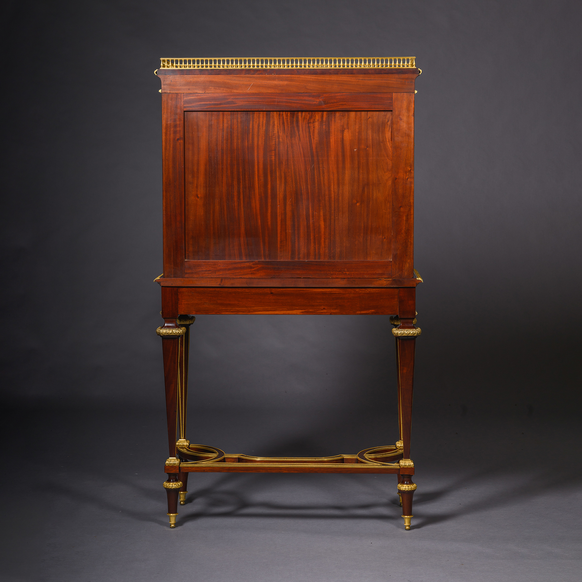 View of the back of a Louis XVI style gilt-bronze and Vernis Martin mounted mahogany secrétaire cabinet-on-stand by Frédéric Roux with bronze mounts by Henri Picard, France, circa 1870.