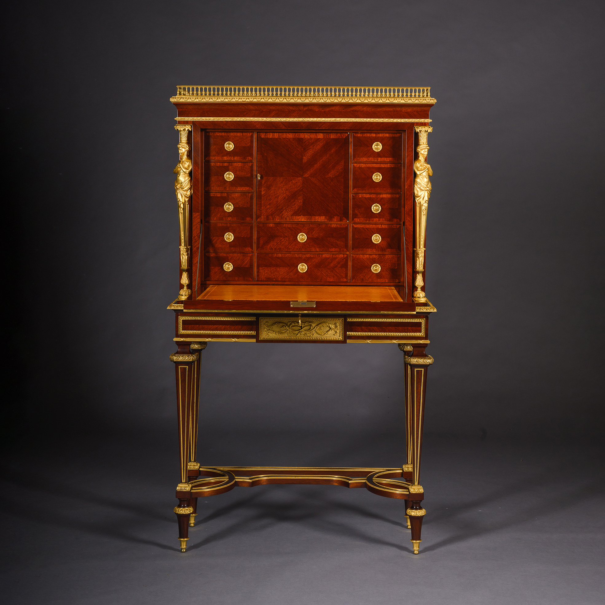 Interior of the secrétaire showing leather writing surface, drawers and fitted cupboard by Frédéric Roux.
