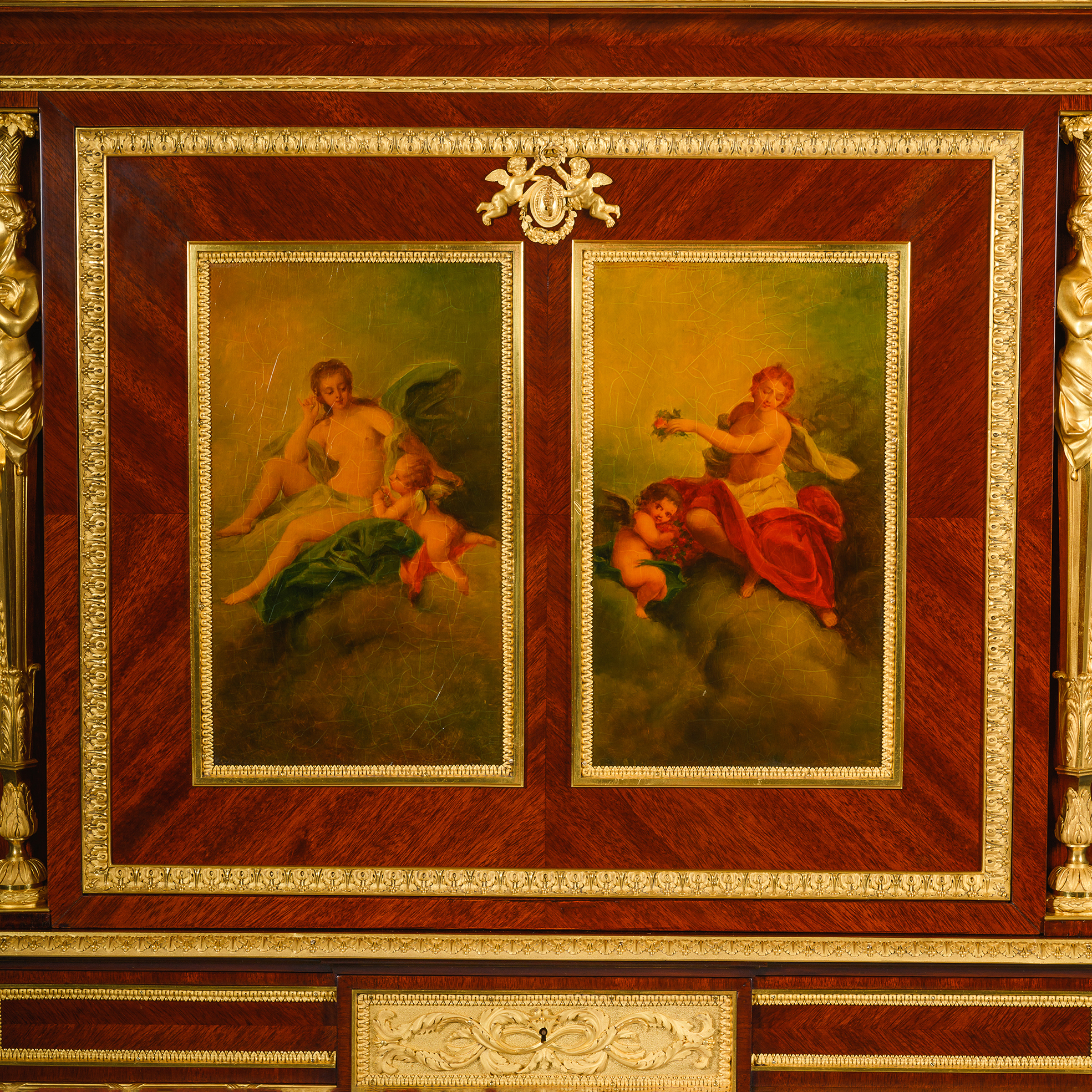 Vernis Martin lacquer panels depicting Venus and Cupid in the style of François Boucher on a Louis XVI style secrétaire by Frédéric Roux.