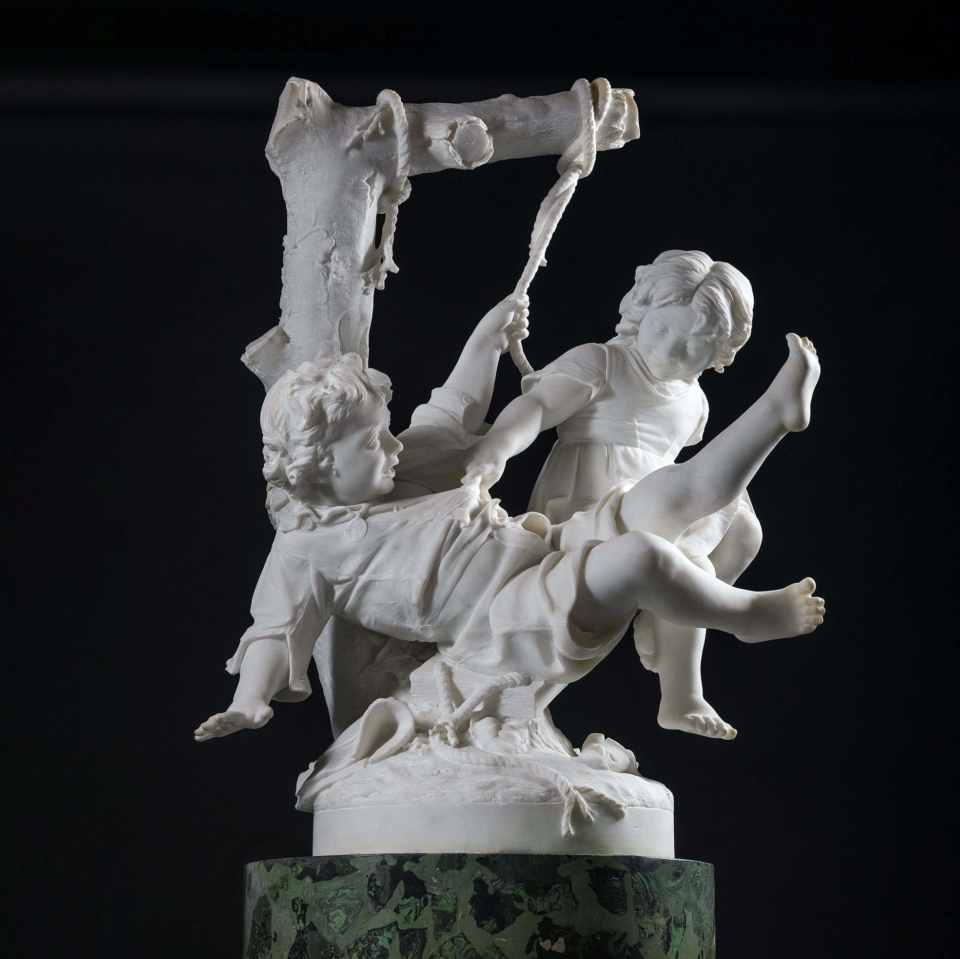 A Pair of Large Carrara Marble Figural Groups Of Children on Swings - Image 9