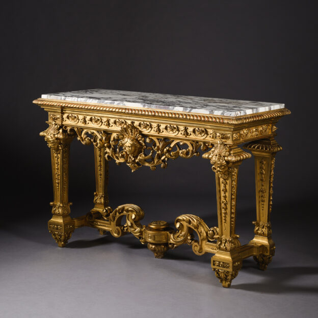Louis XIV style giltwood console table with brèche violette marble top, France circa 1880.