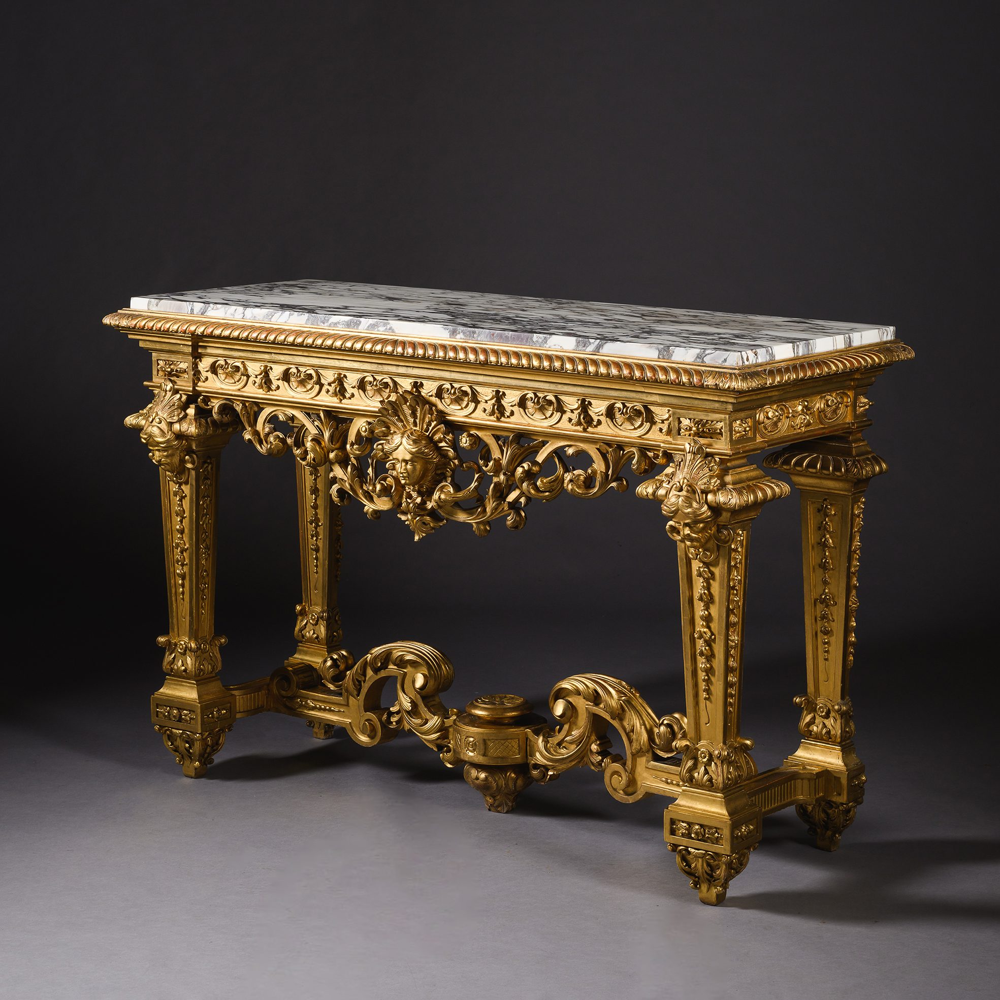 Louis XIV style giltwood console table with brèche violette marble top, France circa 1880.