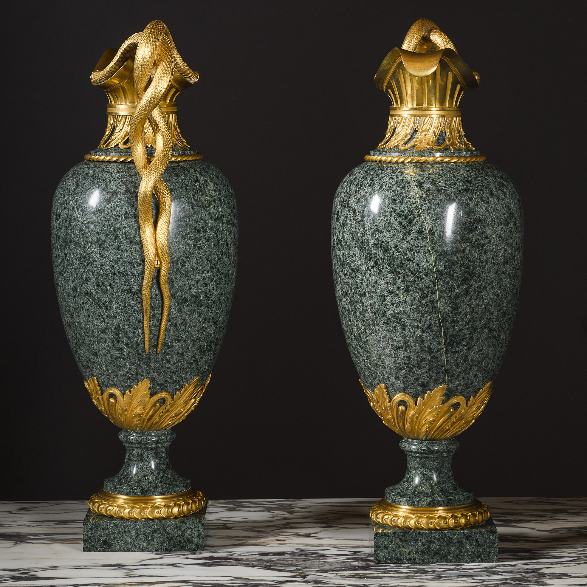 Louis XVI style green granite ewer with gilt-bronze serpent handles by Henry Dasson, Paris, circa 1880