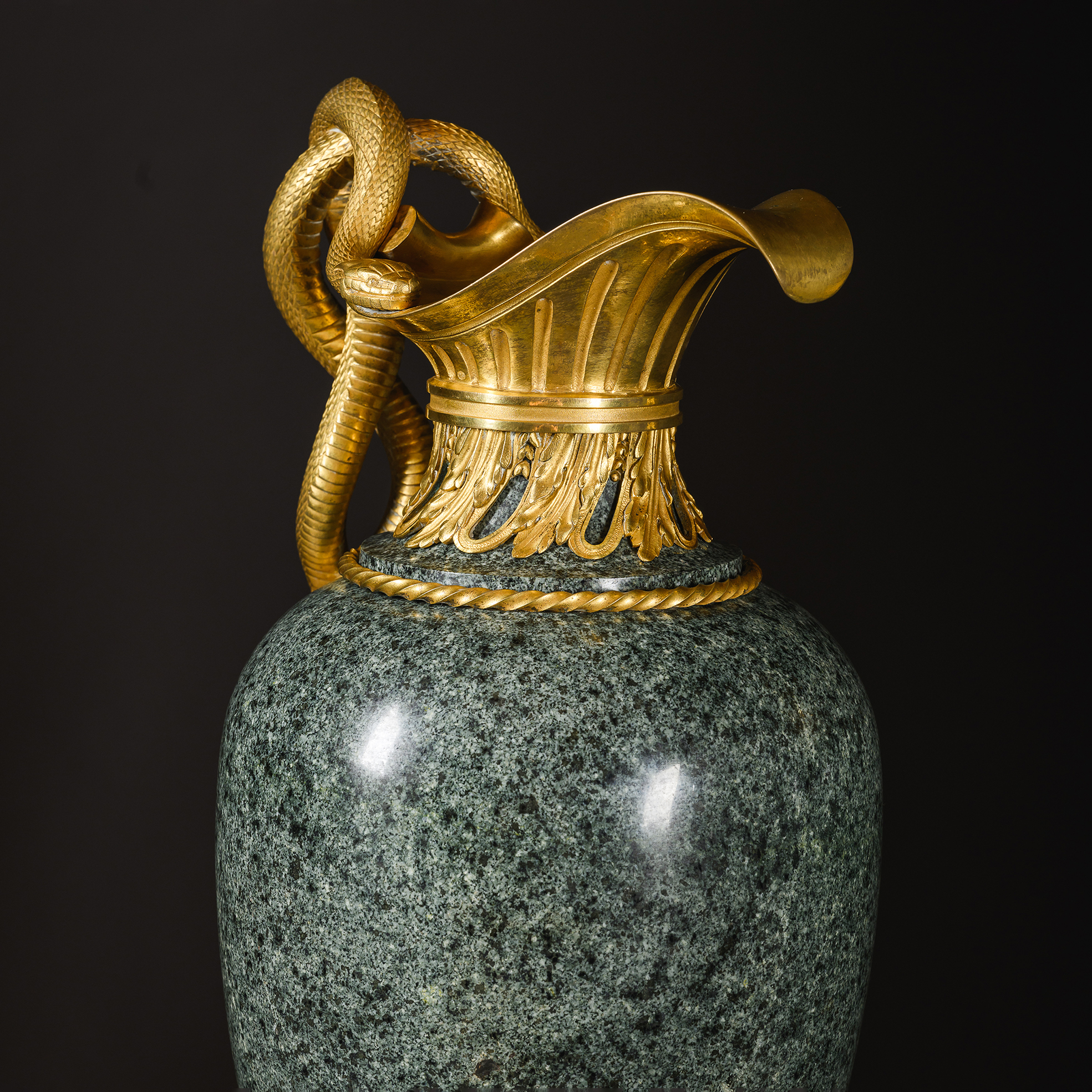Exceptional mercury-gilt bronze mounts including acanthus leaf collar and classical spout by Henry Dasson, Paris.