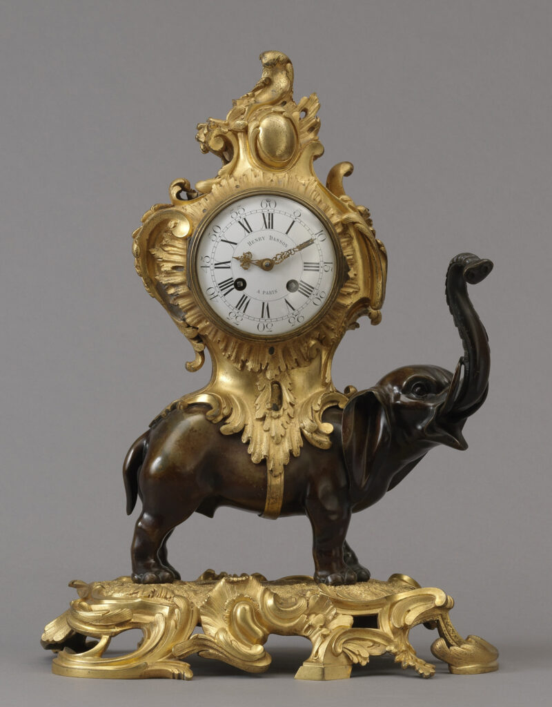 Henry Dasson patinated and gilt-bronze elephant mantel clock signed Henry Dasson et Cie, 1888