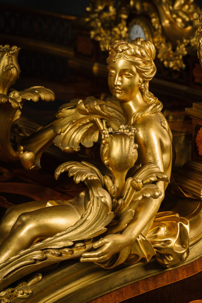 Detail of a gilt bronze figure on 'Le Bureau Du Roi' - A Magnificent Exhibition Secrétaire à Cylindre, by Alfred Beurdeley