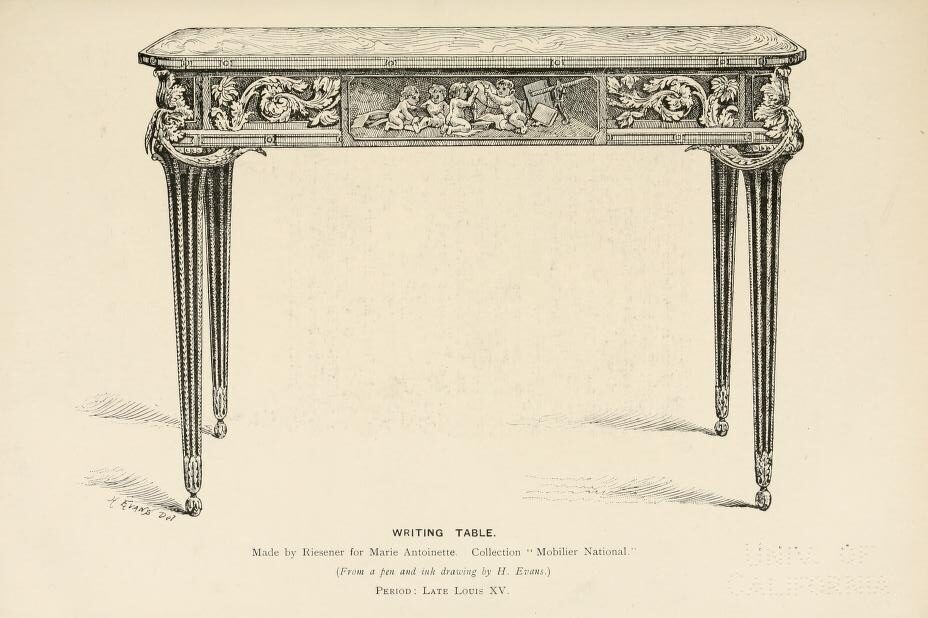 A late 19th century pen and ink drawing by H.Evans of the famous table 'made by Riesener for Marie antoinette'. (From F. Litchfield, Illustrated History of Funritue, London 1892, p. 162.)