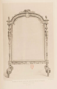 A drawing of a carved Louis XVI style screen exhibited by Beurdeley at the 1889 Paris Exposition