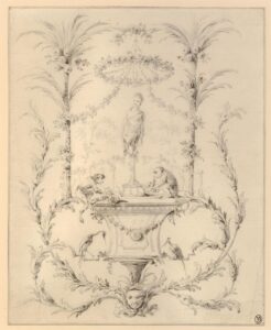 A tapestry design, two monkeys feeding on a pedestal; with two birds, foliage,and a half-length sculpture of a figure on the pedestal, by Jean-Baptiste Pillement, formerly collection Alfred Beurdeley now in the British Museum 