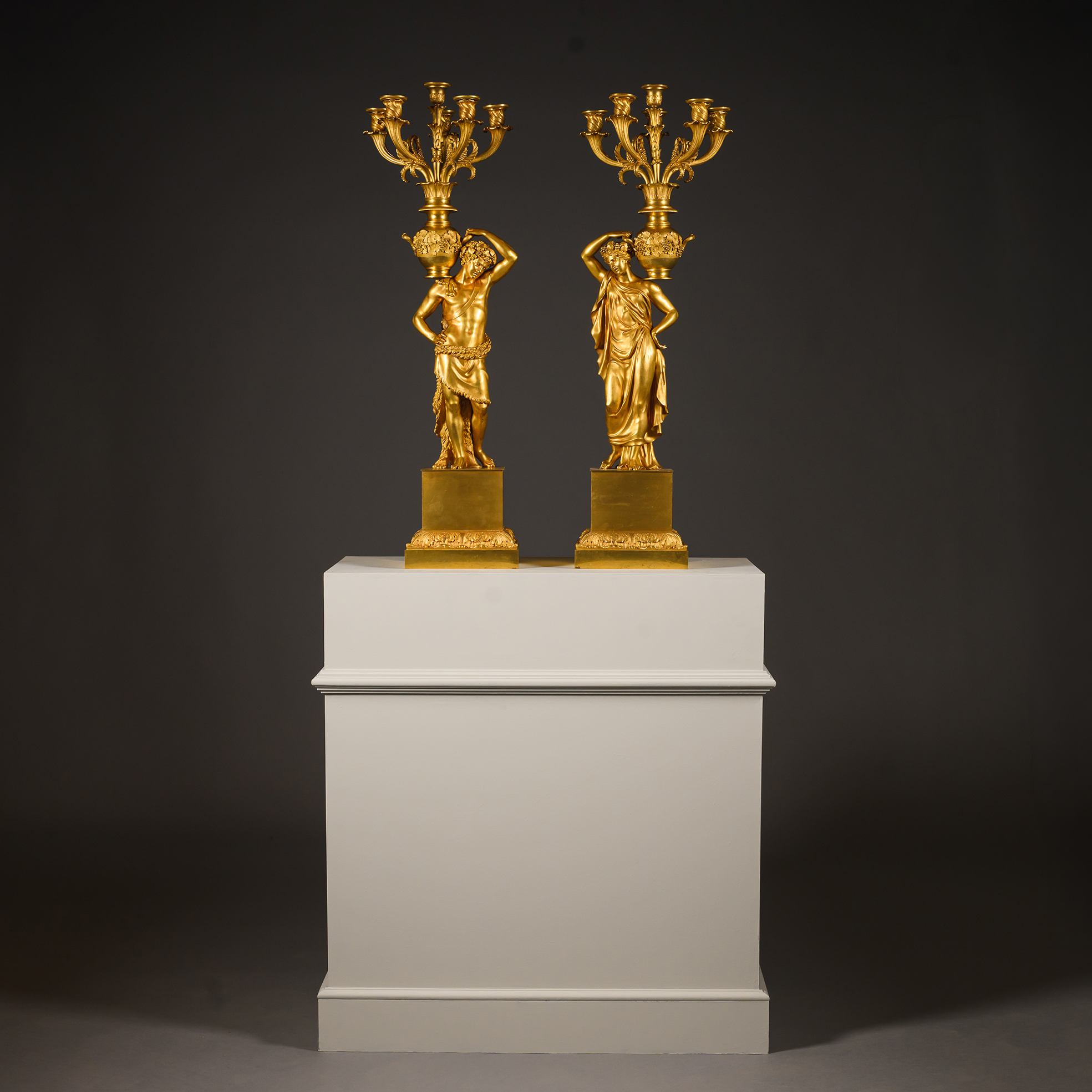 monumental Charles X period gilt-bronze figural candelabra