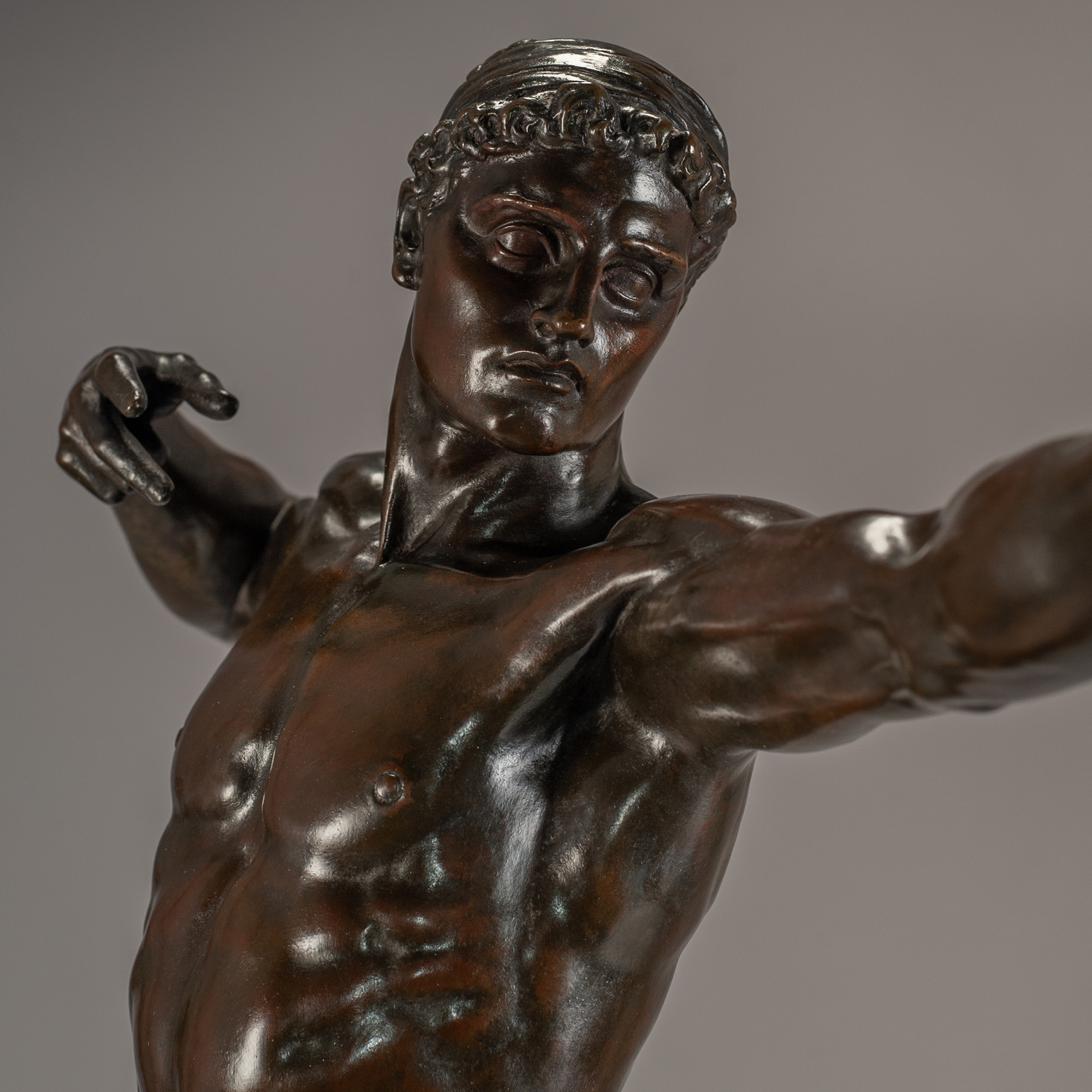 Detail of the finely modelled nude torso and head of Teucer by British sculptor Hamo Thornycroft