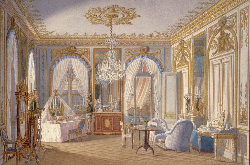 The Dressing Room of the Empress Eugenie at the château of Saint-Cloud, Watercolour, circa 1860.